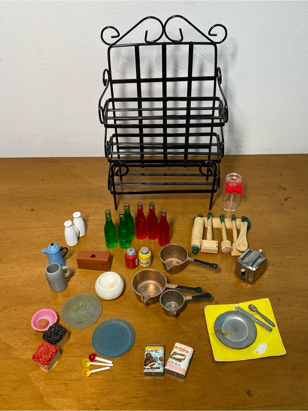 Vintage Dollhouse Kitchen Accessories Coke Dishes Pans Food Tools Bakers Rack